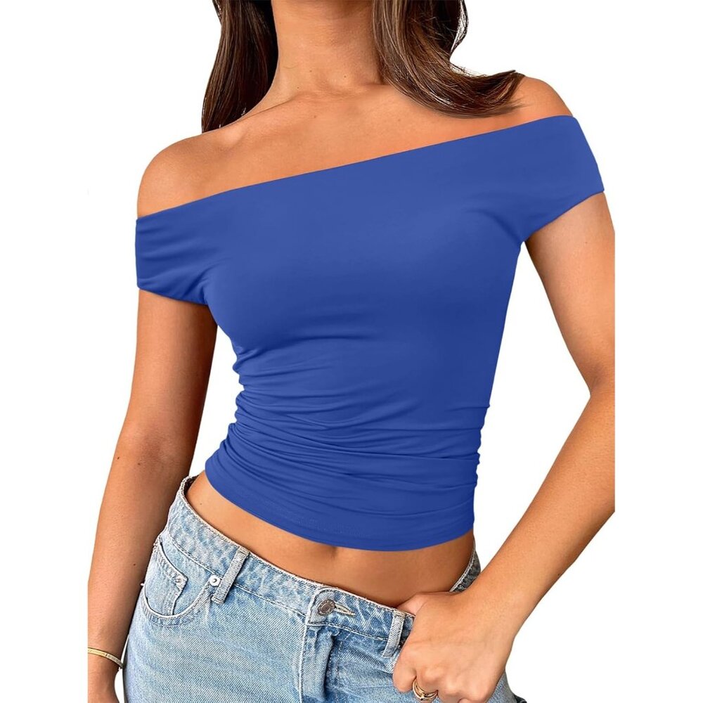Women's Cami Crop Tops Blue Off The Shoulder Classic Going Out Summer Comfort